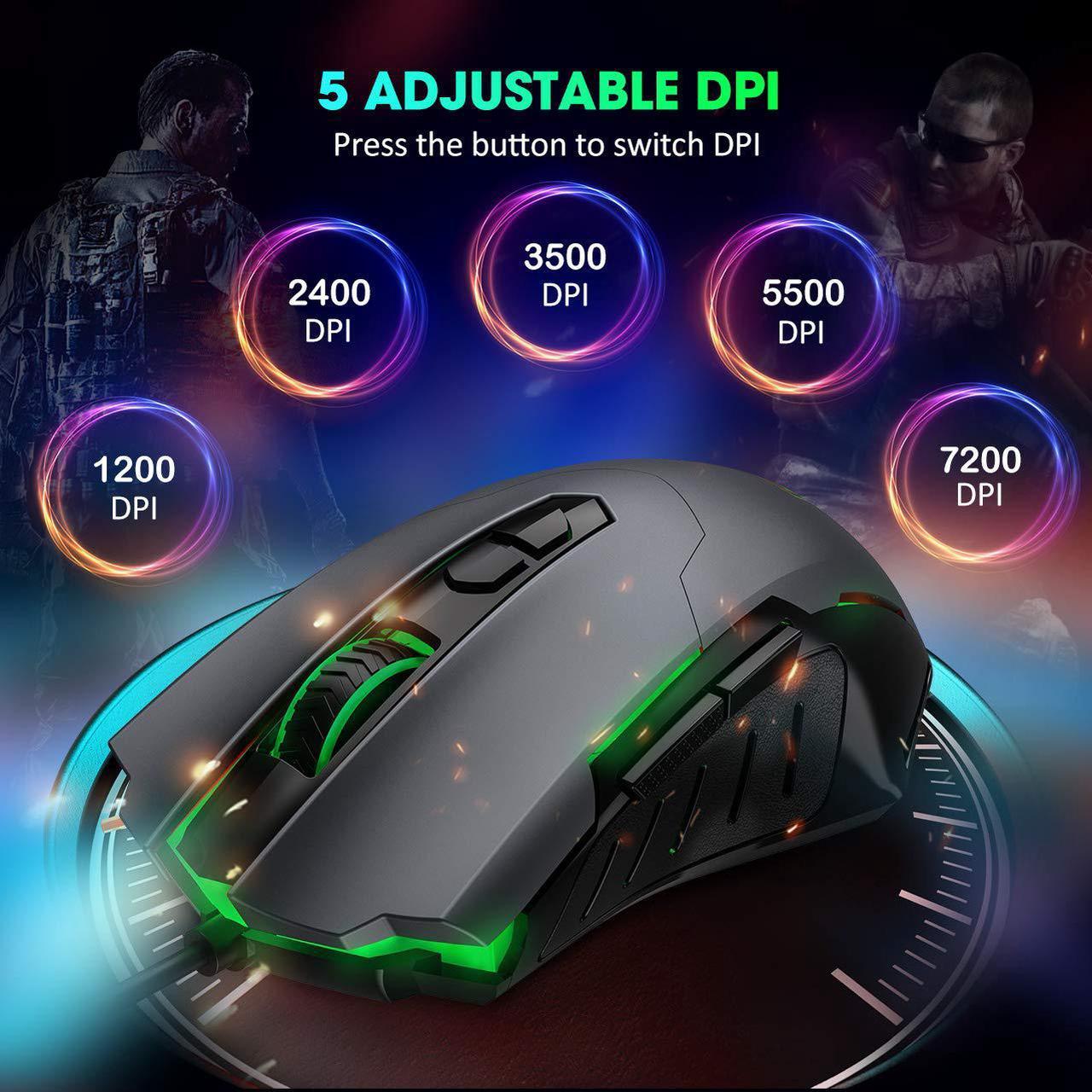 Alt view image 2 of 6 - PICTEK Gaming Mouse Wired [7200 DPI] [Programmable] [Breathing Light] Ergonomic Game USB Computer Mice RGB Gamer Desktop Laptop PC Gaming Mouse, 7 Buttons for Windows 7/8/10/XP Vista Linux, Grey