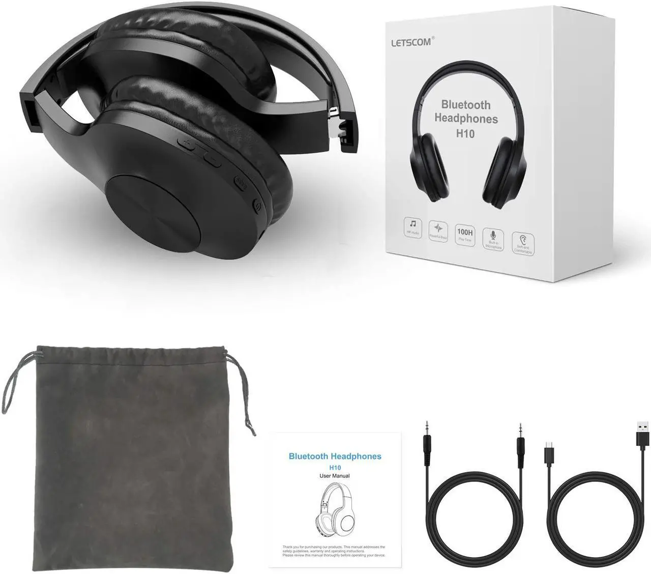 Alt view image 4 of 6 - Bluetooth Headphones, Letscom Wireless Headphones Over Ear with Hi-Fi Sound Mic Deep Bass, 100 Hours Playtime and Soft Memory Protein Earpads for Travel Work TV PC Cellphone - Black