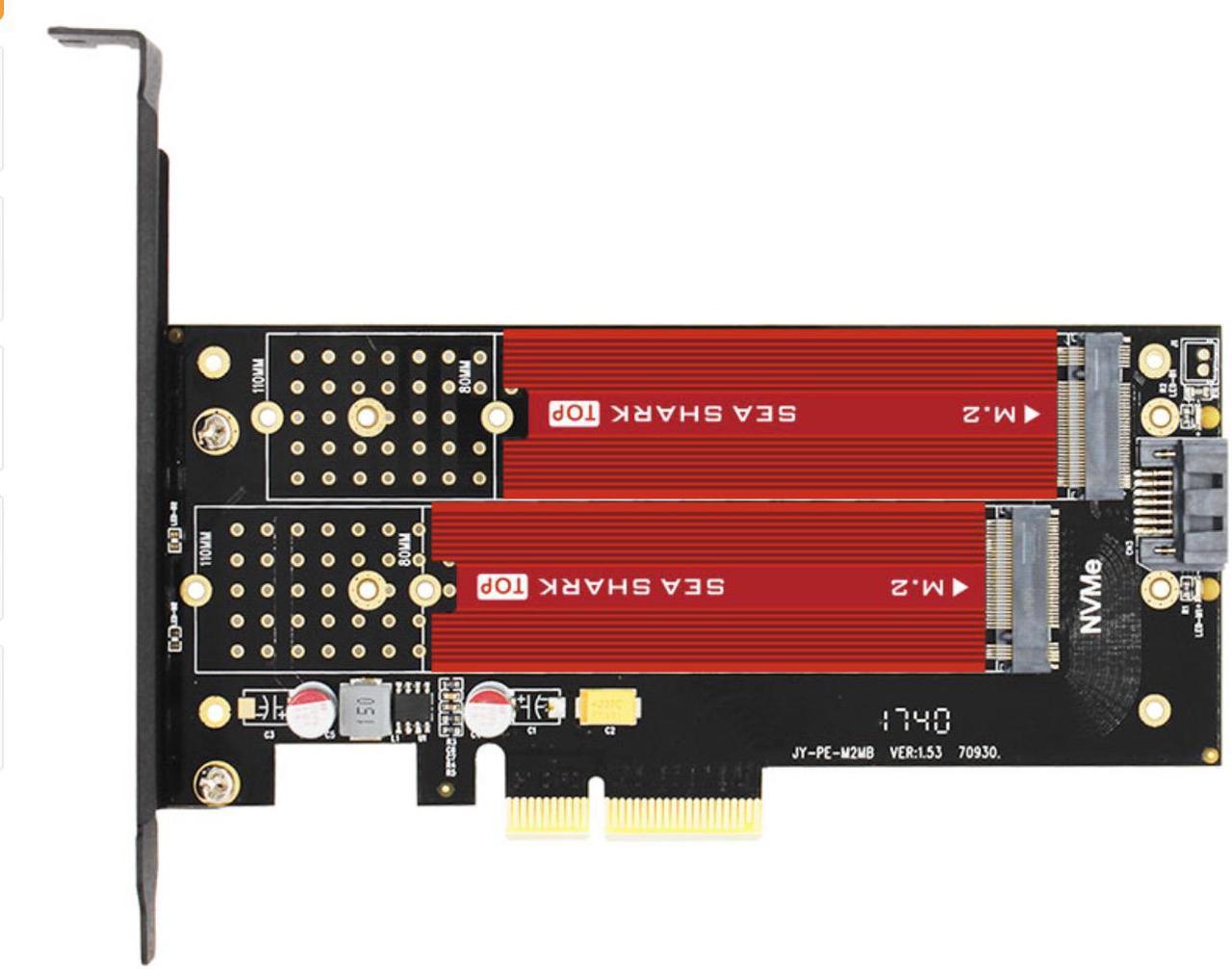 SK7 Plus M.2 NVMe SSD NGFF TO PCIE3.0 X4 4X adapter M Key B KEY Dual interface card PCI-E3.0 Dual voltage 12V+3.3V SATA U.2+ SeaShark Heat sink heatsink