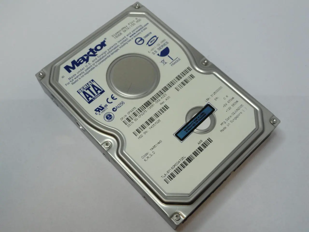 Alt view image 3 of 5 - Maxtor 6Y160M0 DiamondMax Plus 9 160 GB Hard Drive - 3.5" Internal - SATA (SATA/150)