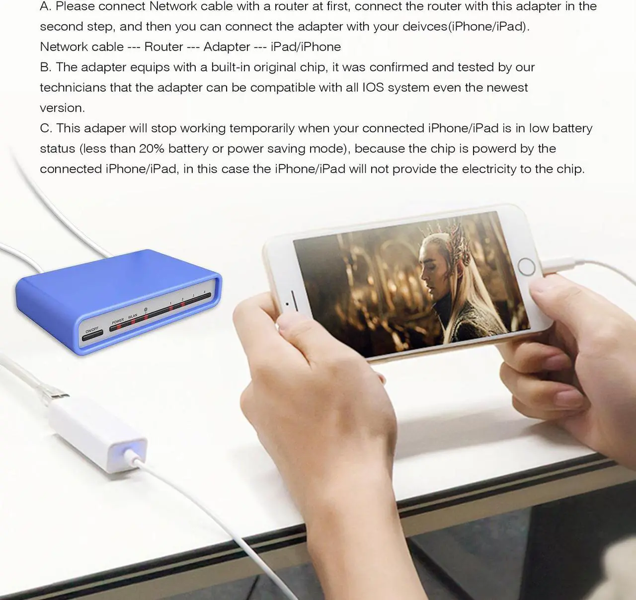 Alt view image 7 of 7 - Lightning to Ethernet Adapter RJ45 Wired LAN High Speed Network Connector Overseas Travel for iPhone iPad,RJ45 to Lightning to Ethernet Adapter For iPhone/iPad Ethernet Adapter Cable Connect the Light