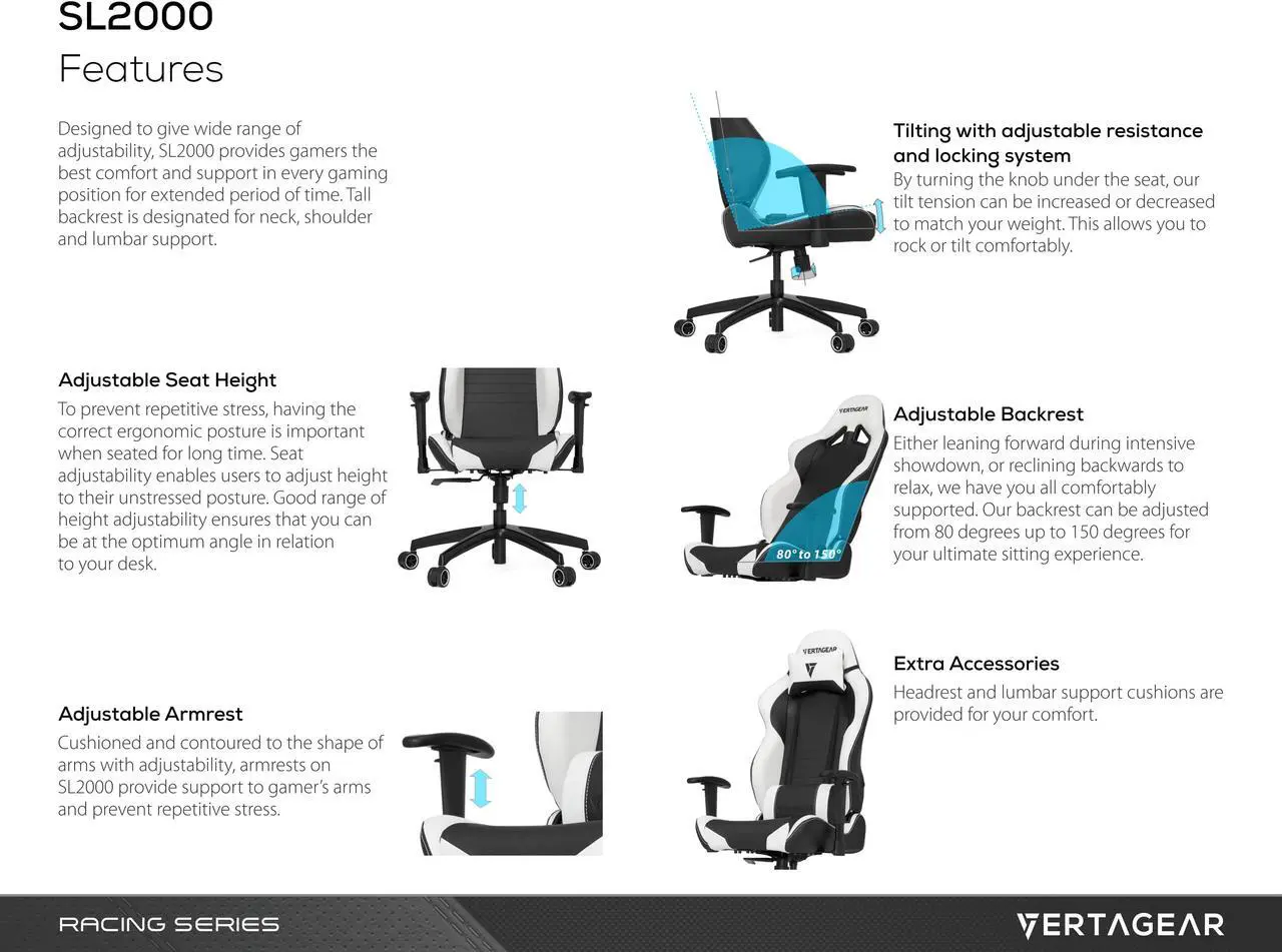 Alt view image 7 of 11 - Vertagear S-Line SL2000 Racing Series Gaming Office Chair - Black/White(Rev. 2)