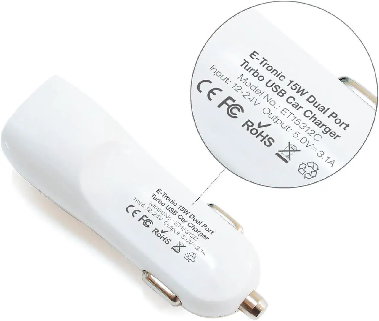 Alt view image 2 of 2 - Etronic ® 3.1A (15W) Dual-Port Turbo USB Car Charger Designed for Apple and Android Devices - White