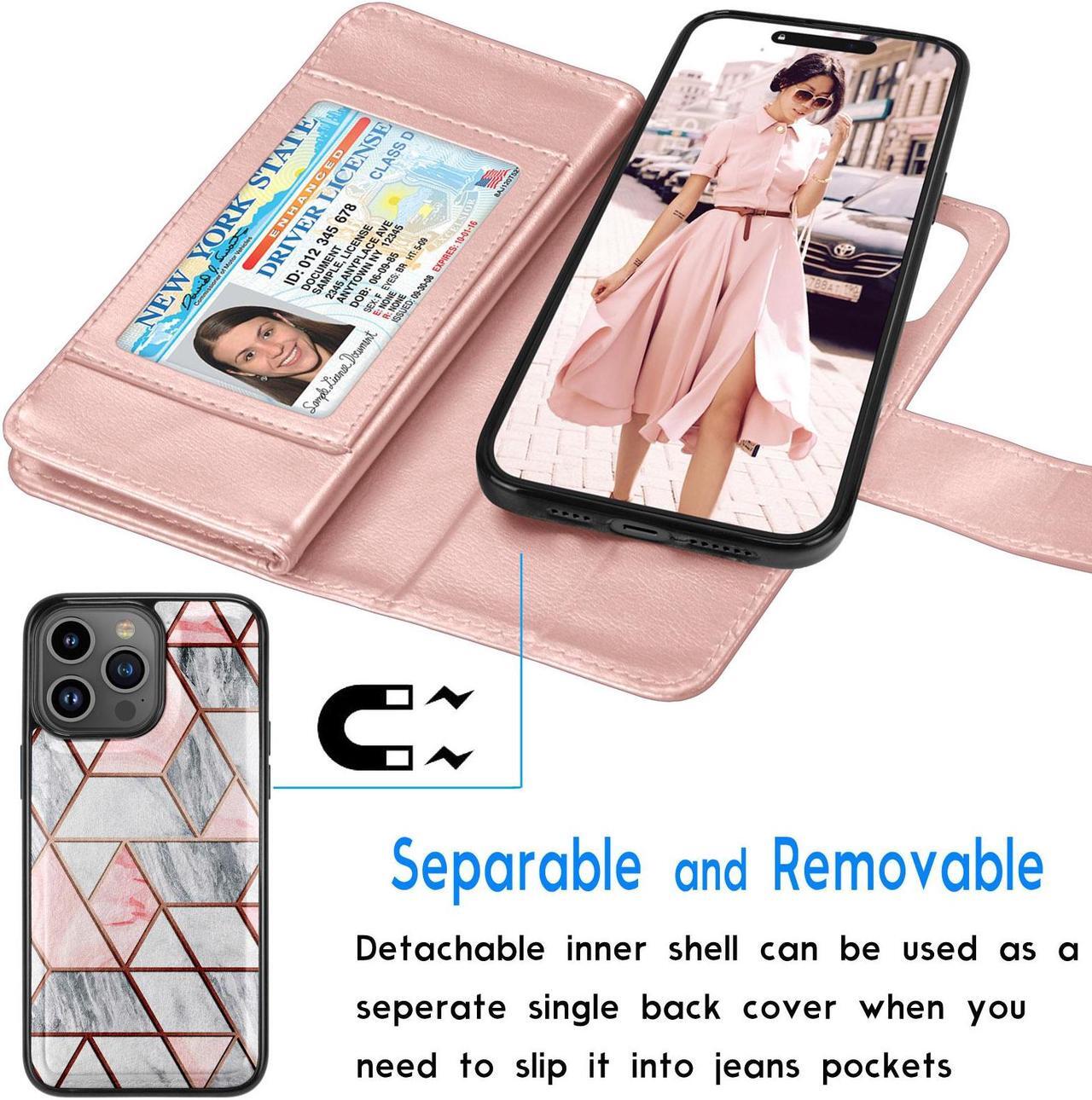 Alt view image 3 of 6 - Tekcoo Wallet Case Compatible with iPhone 15 (6.2 inch) 2023 Luxury ID Cash Credit Card Slots Holder Carrying Pouch Folio Flip PU Leather Cover [Detachable Magnetic Hard Case] with Strap [Marble]