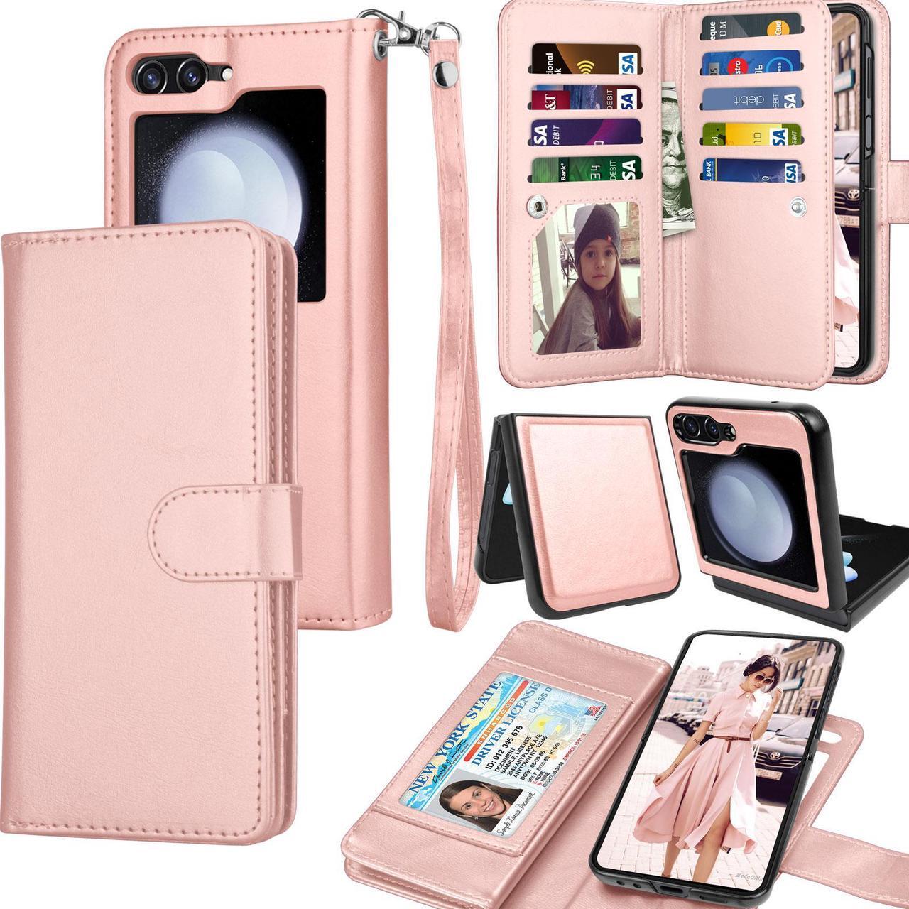 Main image of Galaxy Z Flip 5 Case, 2023 Galaxy Z Flip5 Wallet Case, Tekcoo Luxury PU Leather Credit Card Slots Holder Carrying Folio Cover [Detachable Magnetic Case] Kickstand for Samsung Z Flip5 5G [Rose Gold]