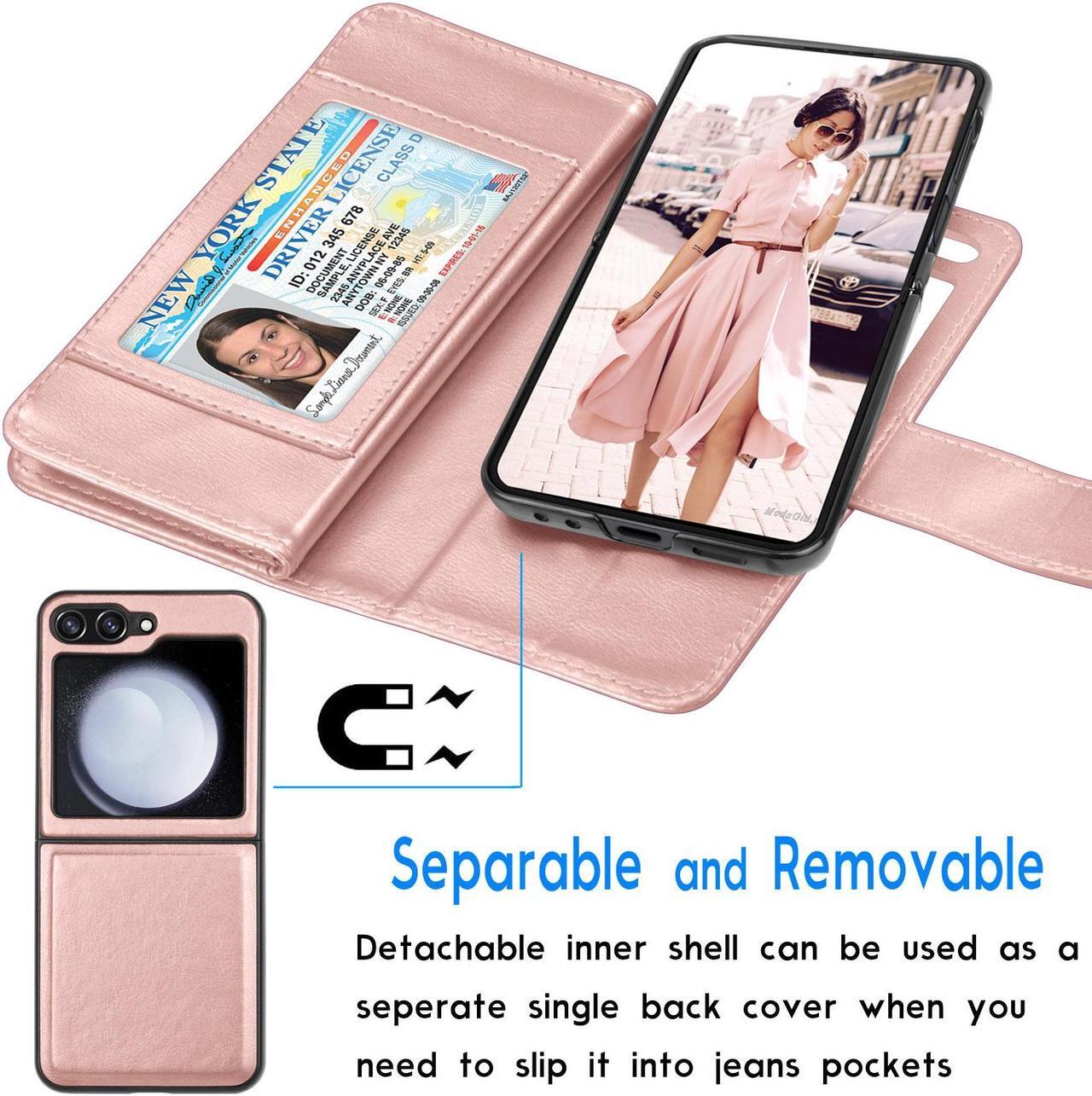 Alt view image 3 of 6 - Galaxy Z Flip 5 Case, 2023 Galaxy Z Flip5 Wallet Case, Tekcoo Luxury PU Leather Credit Card Slots Holder Carrying Folio Cover [Detachable Magnetic Case] Kickstand for Samsung Z Flip5 5G [Rose Gold]