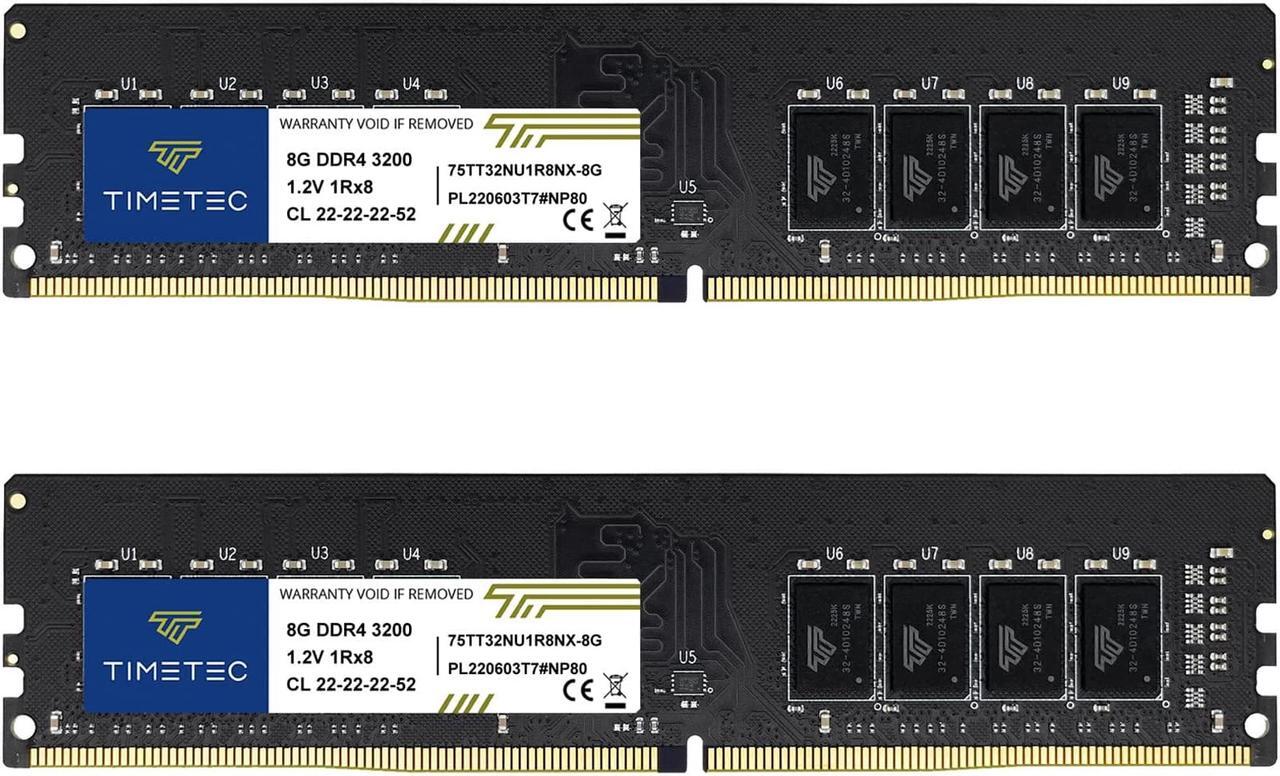 Main image of Timetec 16GB KIT(2x8GB) DDR4 3200MHz (or 2933MHz or 2666MHz) PC4-25600 CL22 1.2V Non-ECC Unbuffered 1Rx8 Single Rank 288 Pin UDIMM Desktop PC Computer Memory RAM Module Upgrade