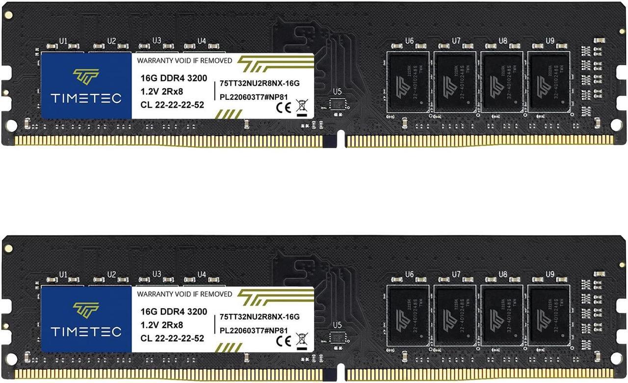 Main image of Timetec 32GB KIT(2x16GB) DDR4 3200MHz (or 2933MHz or 2666MHz) PC4-25600 CL22 1.2V Non-ECC Unbuffered 2Rx8 Dual Rank 288 Pin UDIMM Desktop PC Computer Memory RAM Module Upgrade