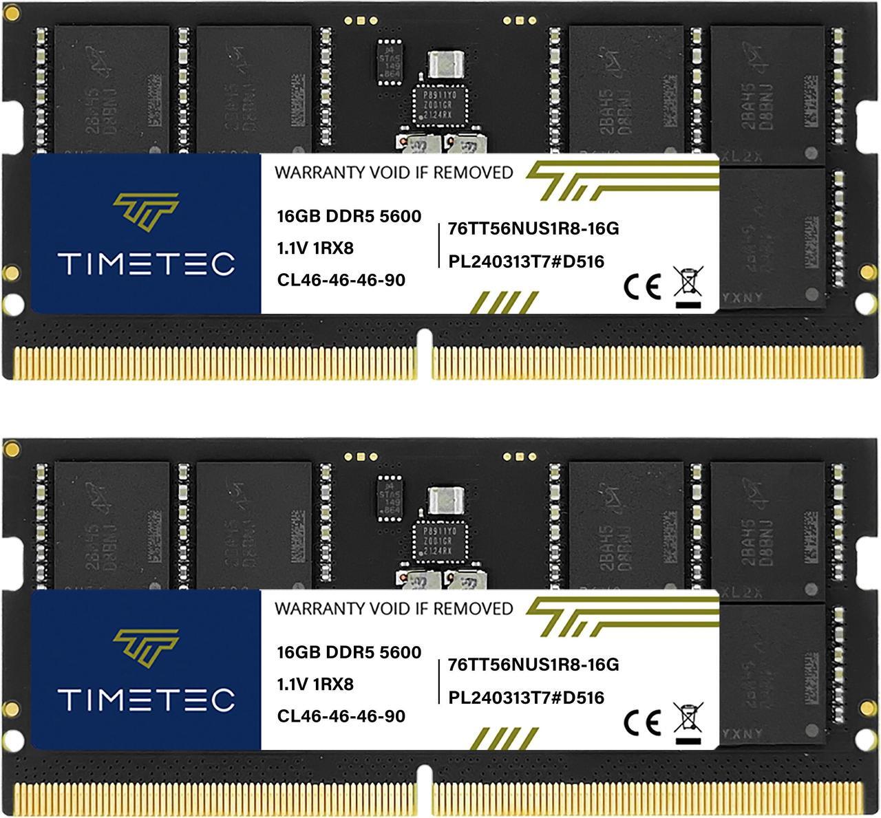 Main image of Timetec 32GB KIT(2x16GB) DDR5 5600MHz PC5-44800 Unbuffered Non-ECC 1.1V CL40 1Rx8 Single Rank 262 Pin SODIMM Laptop Memory RAM Module Upgrade