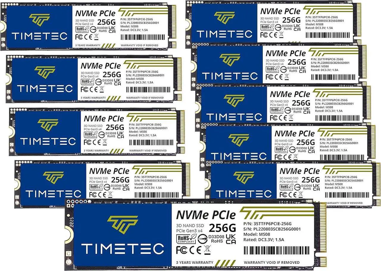 Main image of Timetec 256GBx10 (10 Pack) SSD NVMe PCIe Gen3x4 8Gb/s M.2 2280 3D NAND TLC 150TBW SLC Cache Read/Write Speed Up to 2,100/1,600 MB/s Internal Solid State Drive for PC Laptop and Desktop