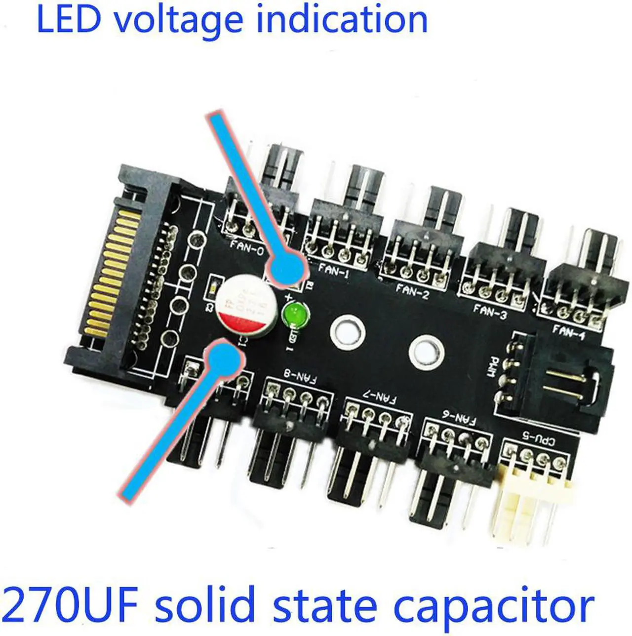 Alt view image 3 of 6 - Vibob Chassis Fan Hub CPU Cooling HUB 10 Port 12V 3Pin/4 Pin Fan PWM Fan Hub Controller power from SATA Interface