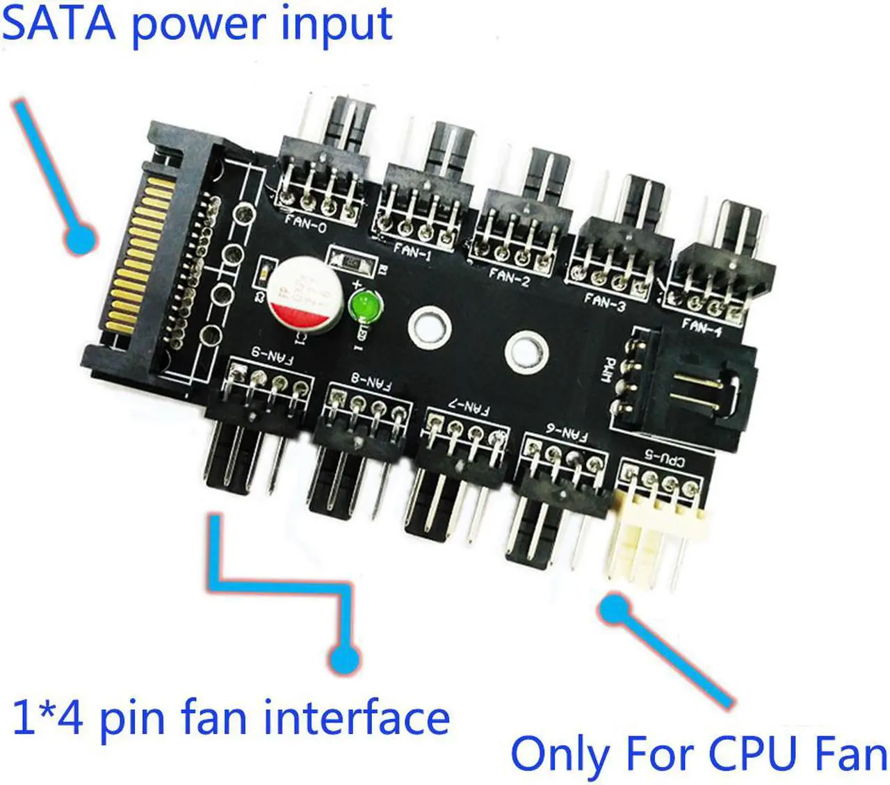 Alt view image 2 of 6 - Vibob Chassis Fan Hub CPU Cooling HUB 10 Port 12V 3Pin/4 Pin Fan PWM Fan Hub Controller power from SATA Interface