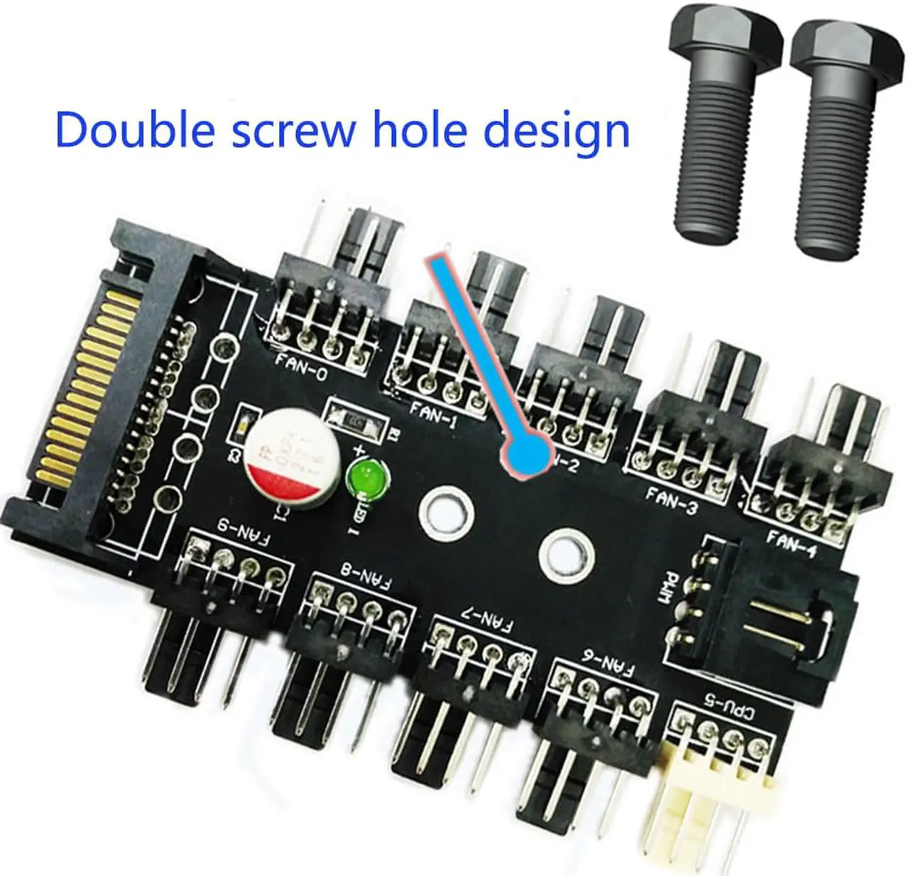 Alt view image 6 of 6 - Vibob Chassis Fan Hub CPU Cooling HUB 10 Port 12V 3Pin/4 Pin Fan PWM Fan Hub Controller power from SATA Interface