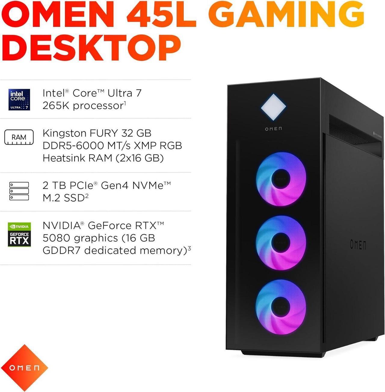 Alt view image 2 of 7 - HP OMEN 45L Gaming Desktop, Intel Core Ultra 7 265K, 32GB RAM, 2TB SSD, RTX 5080, Win 11 Pro, Microsoft Copilot, Tempered Glass, GT22-3080 (2025)