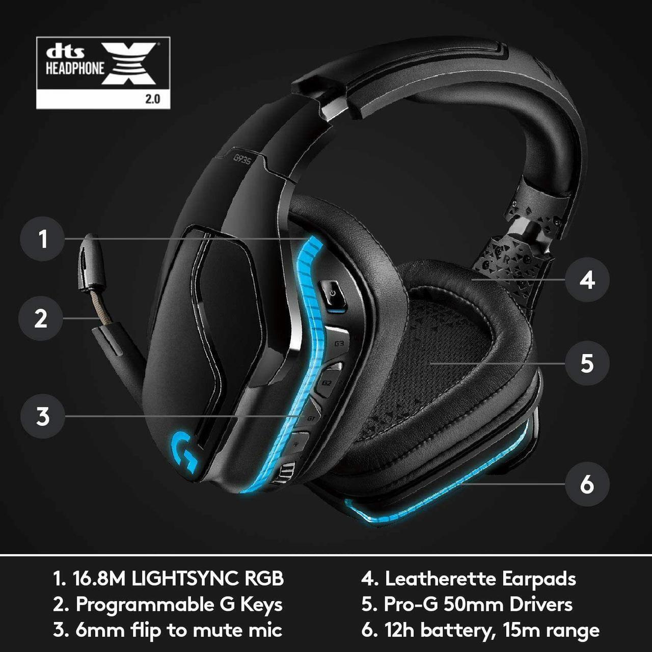 Alt view image 7 of 9 - Logitech G935 Wireless 7.1 Surround Sound RGB Lightsync Gaming Headset - Stereo - USB - Wired/Wireless - 20 Hz - 20 kHz (981-000742)