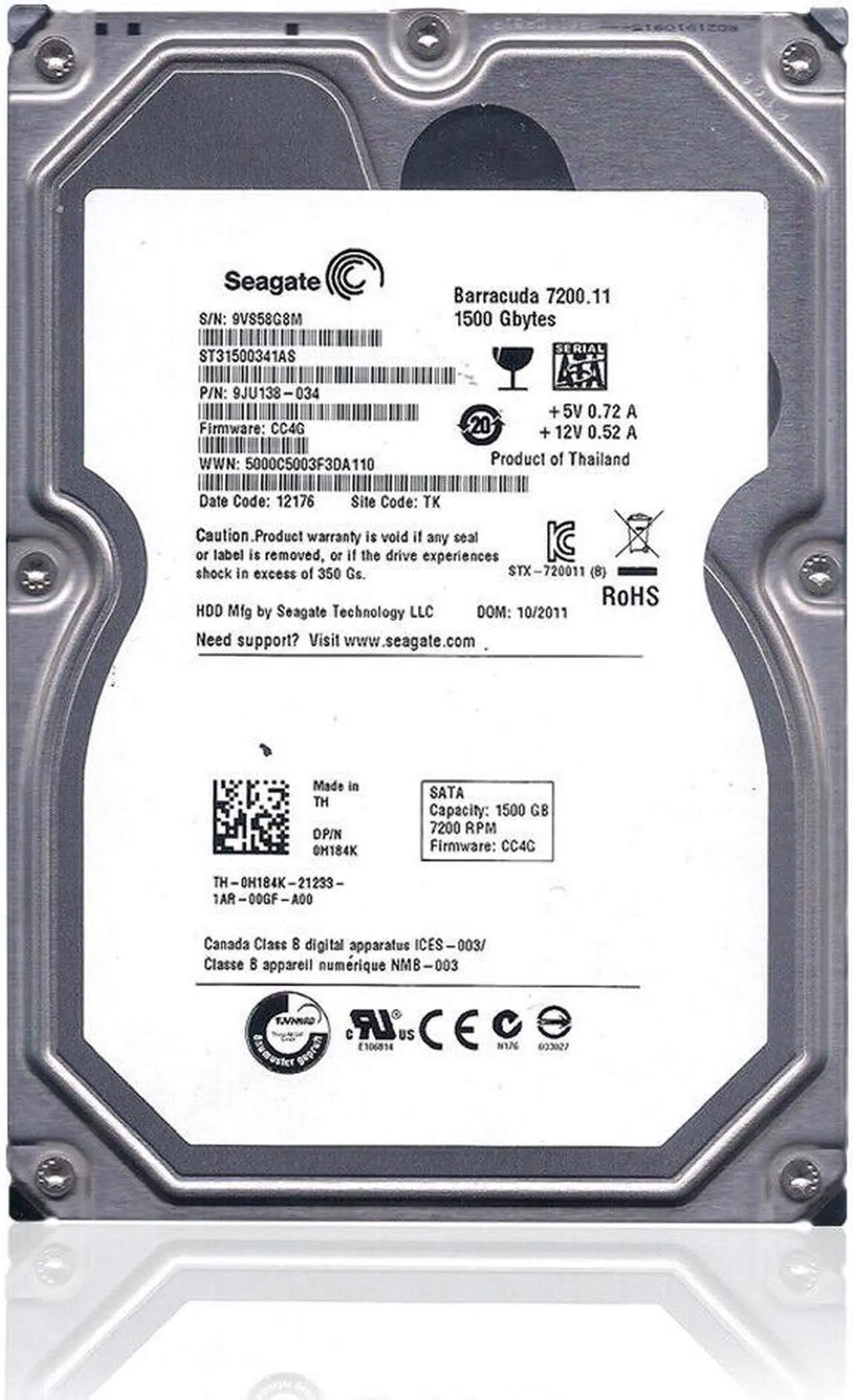 Main image of Seagate Barracuda (SATA ) 3.5" Internal Hard Drive 1.5TB 7200rpm 32MB Cache 3Gb/s HDD for PC PN 9JU138-302, ST31500341AS