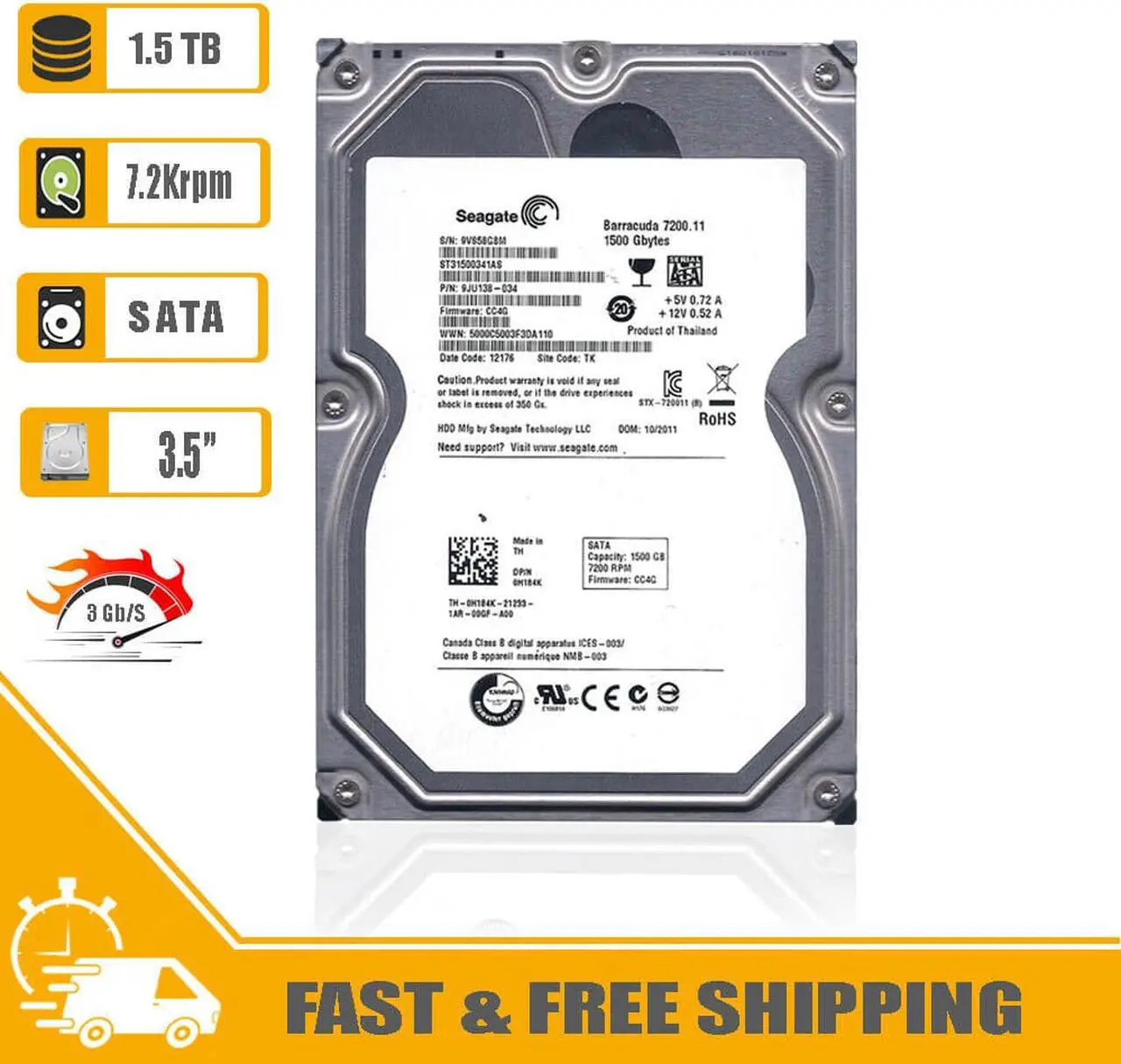 Alt view image 2 of 8 - Seagate Barracuda (SATA ) 3.5" Internal Hard Drive 1.5TB 7200rpm 32MB Cache 3Gb/s HDD for PC PN 9JU138-302, ST31500341AS