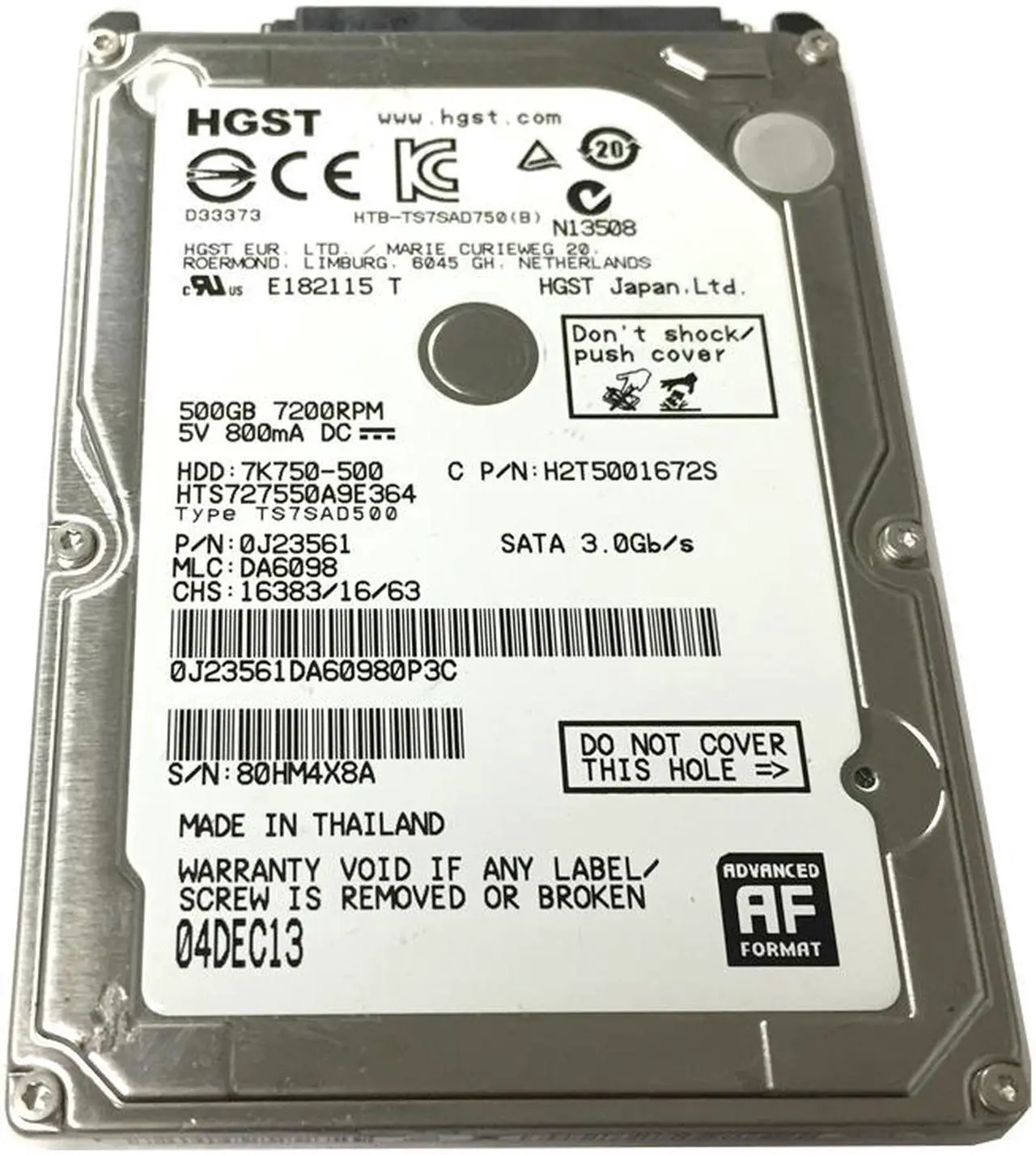 Alt view image 3 of 5 - HGST 7K750-500 HTS727550A9E364 (0J23561) 500GB 7200RPM 16MB Cache SATA 3.0Gb/s 2.5" Internal Notebook Hard Drive