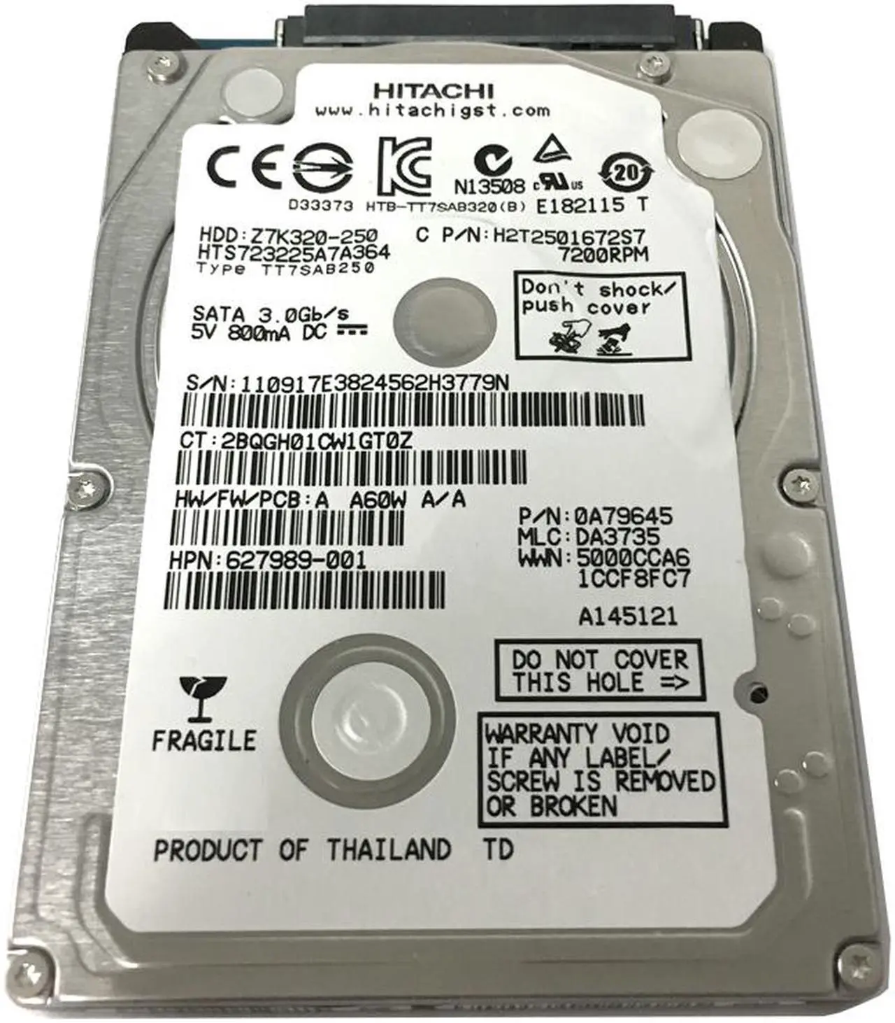 Alt view image 3 of 5 - Hitachi GST Travelstar Z7K320 HTS723225A7A364 (0A78742) 250GB 7200 RPM 16MB Cache SATA 3.0Gb/s 2.5" Internal Notebook Hard Drive Bare Drive