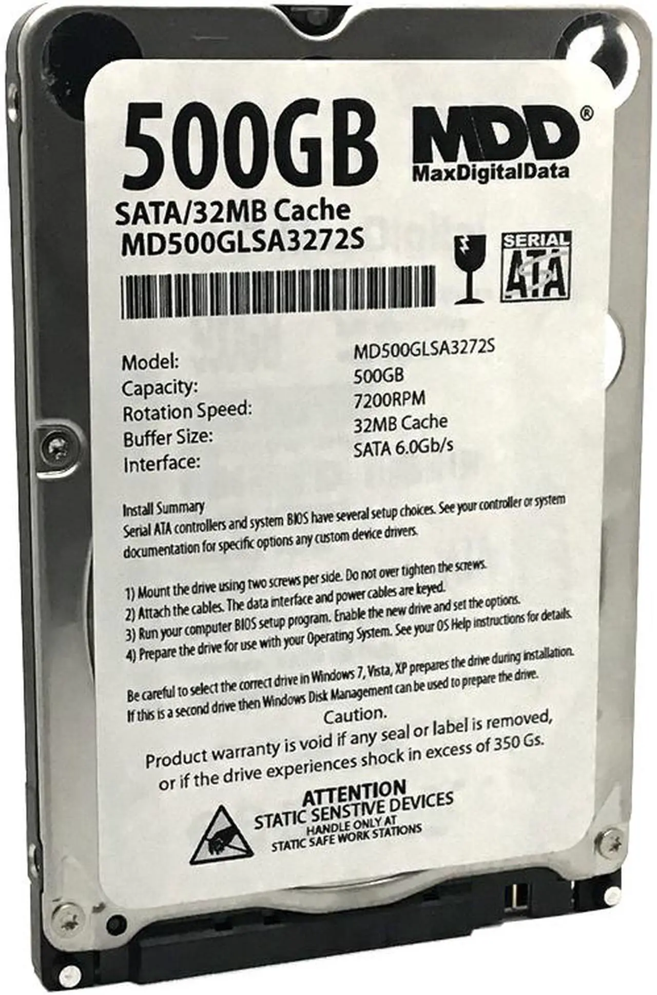Main image of MaxDigitalData 500GB 32MB Cache 7200RPM SATA 6.0Gb/s (7mm) 2.5" Mobile Performance Hard Drive MD500GLSA3272S - 2 Year Warranty