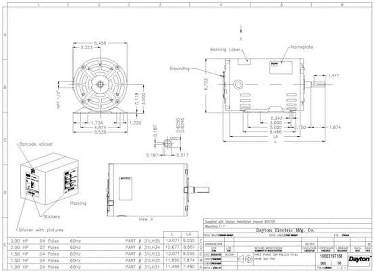 Alt view image 5 of 7 - DAYTON 31LH34 3-Phase General Purpose Motor, 2 HP, 56H Frame, 230/460V AC