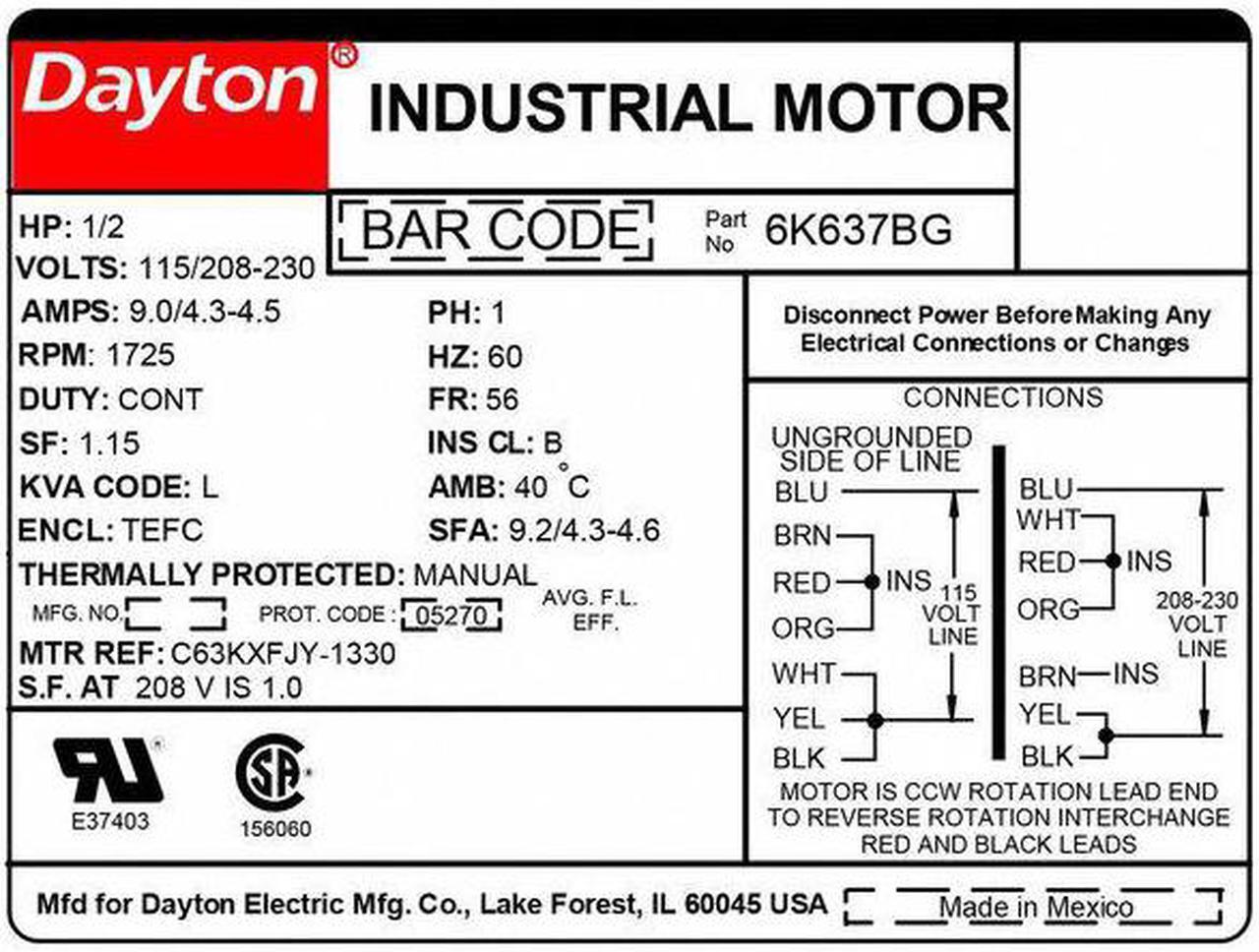 Alt view image 2 of 2 - DAYTON 6K637 GP Mtr,CS,TEFC,1/2 HP,1725 rpm,56