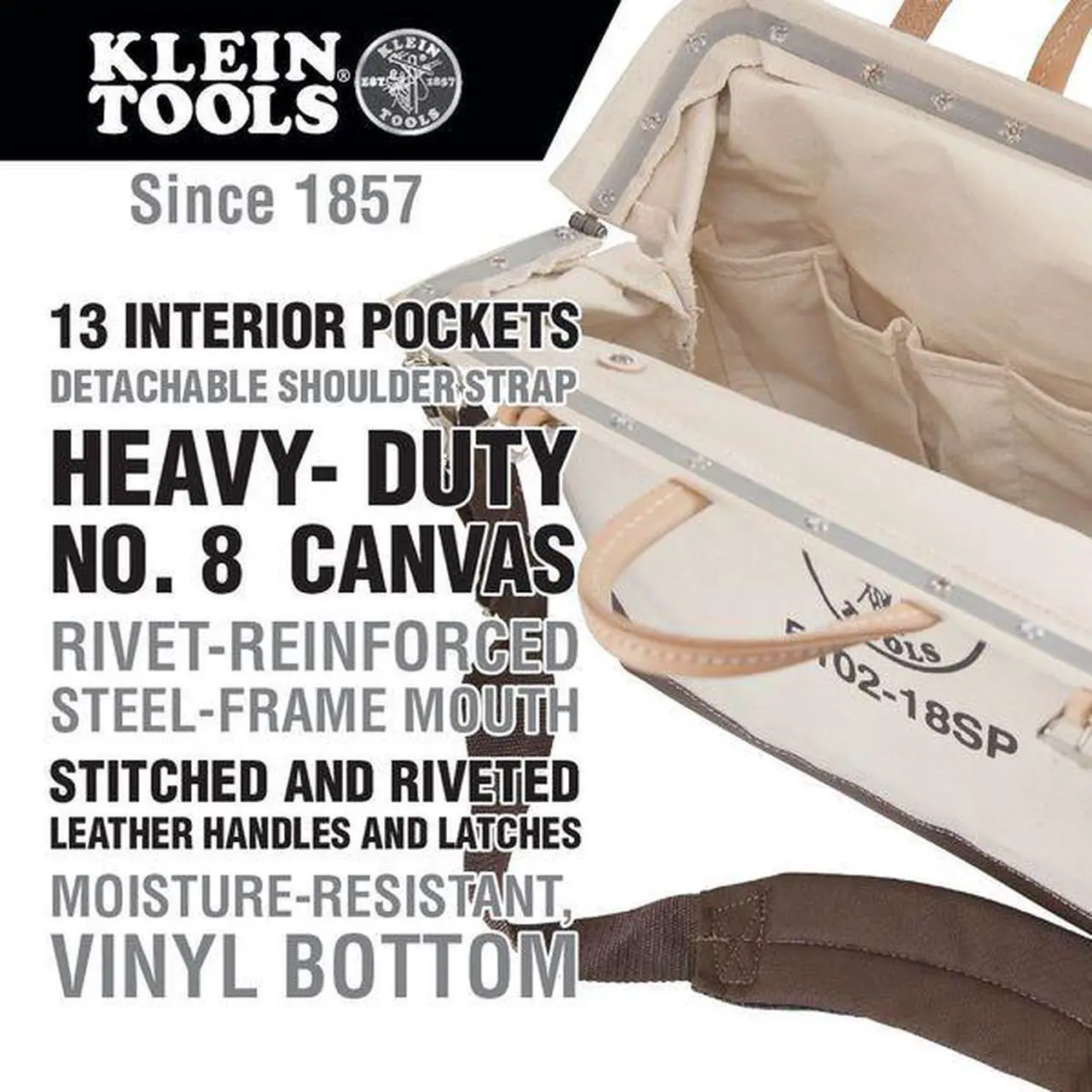 Alt view image 10 of 14 - KLEIN TOOLS 5102-18SP Tool Bag, Brown, Canvas, 13 Pockets