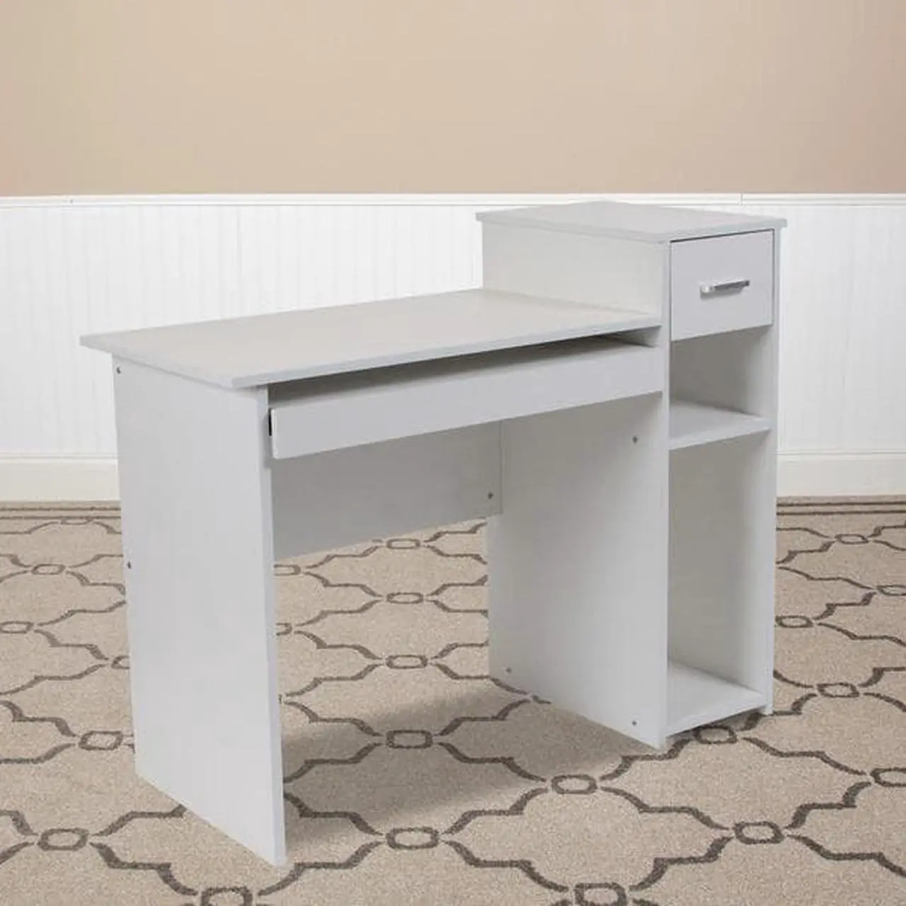 Alt view image 11 of 20 - Flash Furniture Highland Park White Computer Desk with Shelves and Drawer