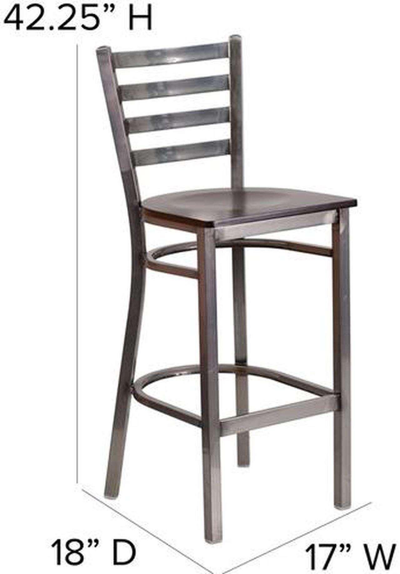 Alt view image 14 of 20 - HERCULES Series Clear Coated Ladder Back Metal Restaurant Barstool - Walnut Wood Seat
