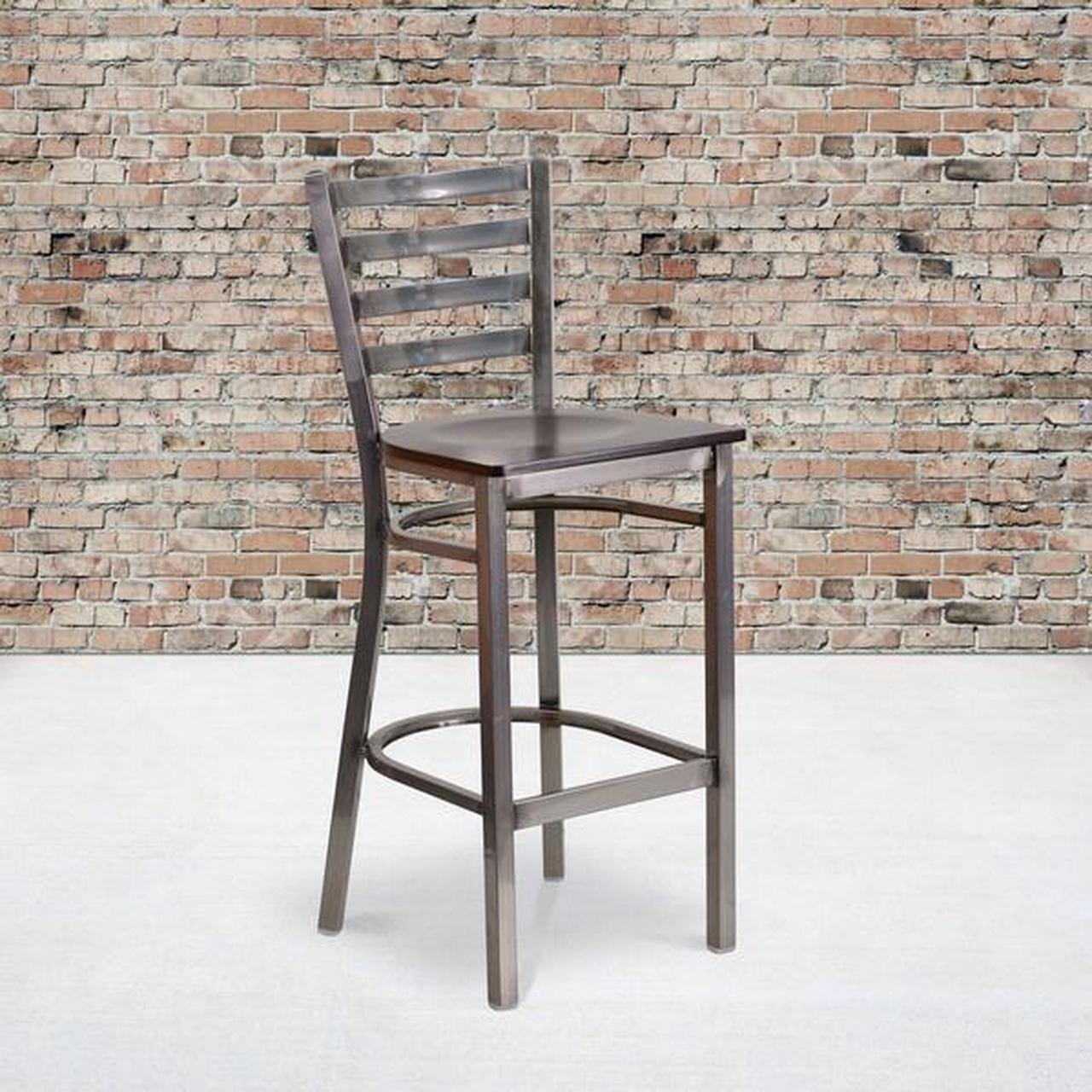 Alt view image 15 of 20 - HERCULES Series Clear Coated Ladder Back Metal Restaurant Barstool - Walnut Wood Seat
