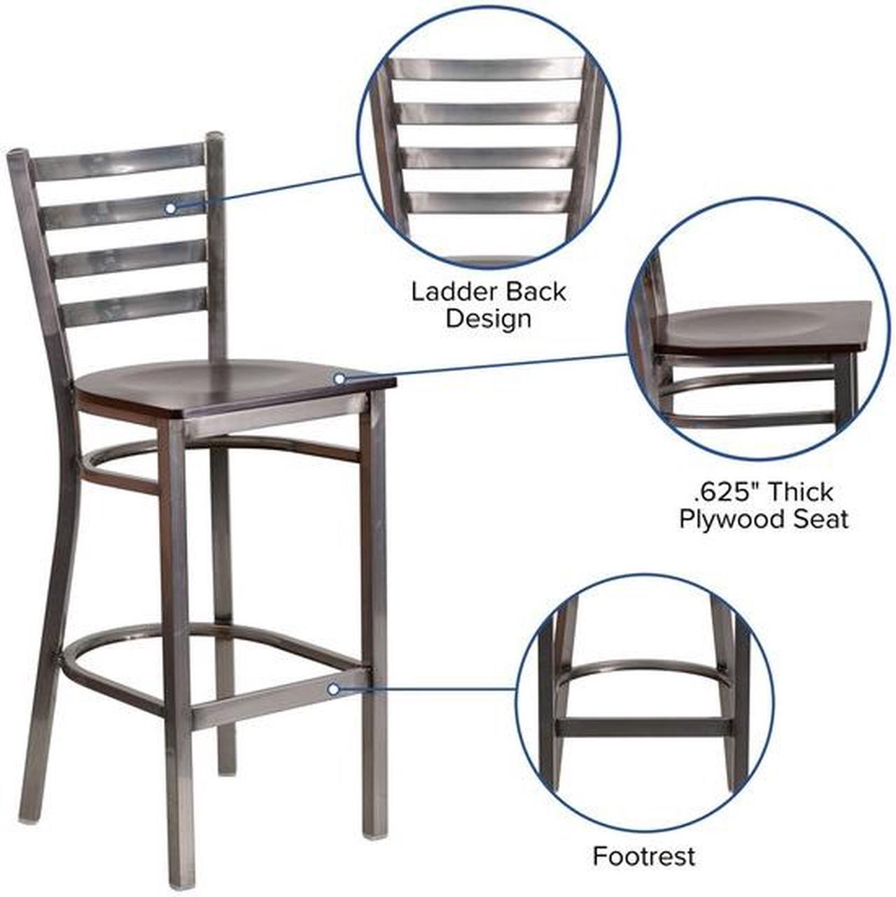 Alt view image 19 of 20 - HERCULES Series Clear Coated Ladder Back Metal Restaurant Barstool - Walnut Wood Seat