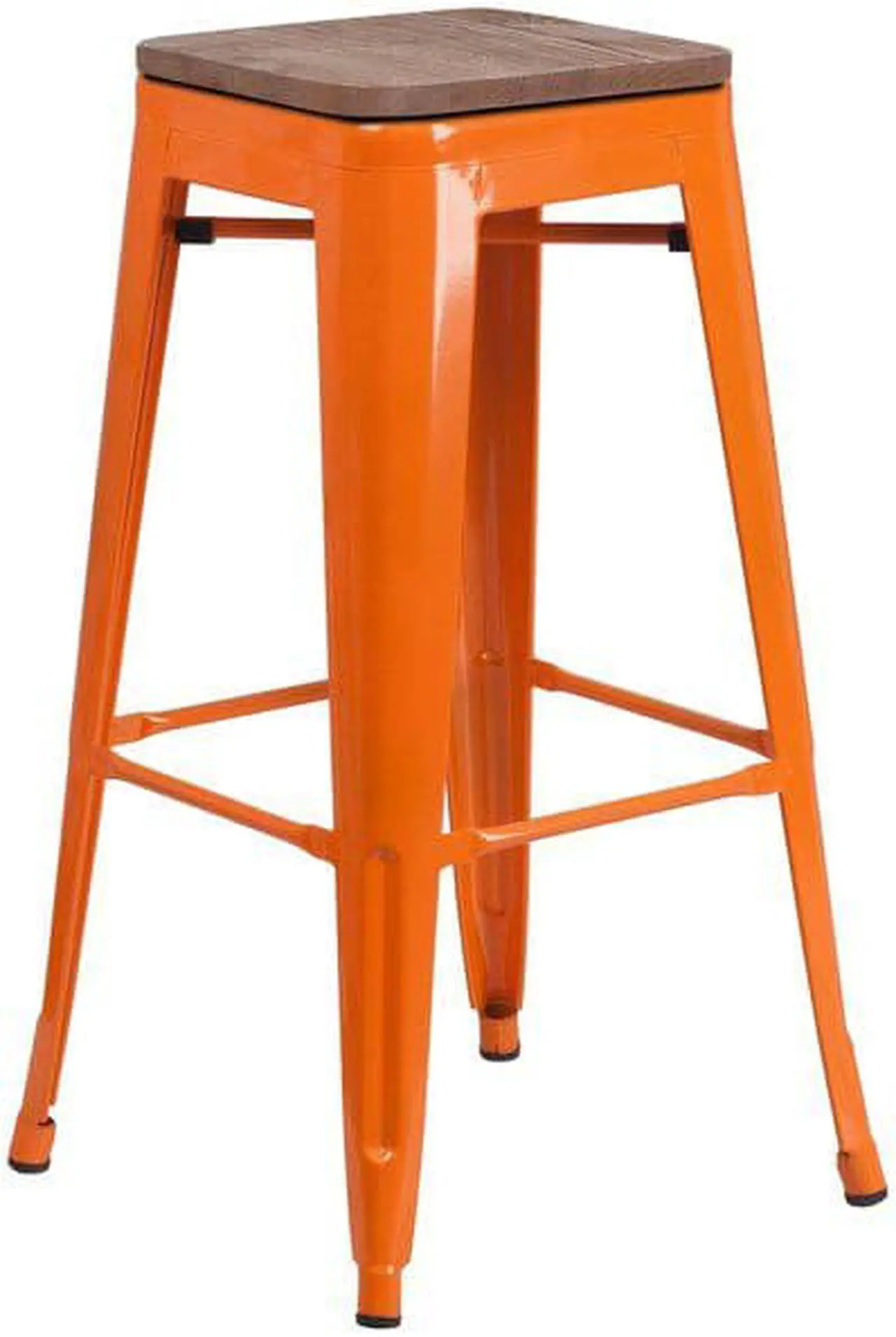 Alt view image 9 of 20 - 30" High Backless Orange Metal Barstool with Square Wood Seat