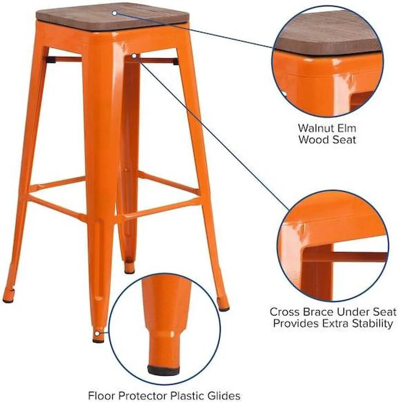 Alt view image 14 of 20 - 30" High Backless Orange Metal Barstool with Square Wood Seat