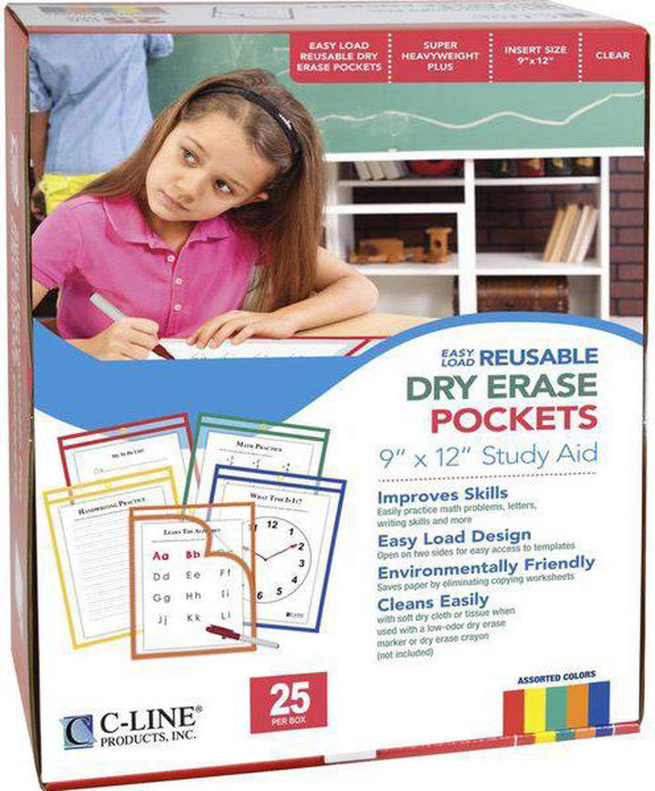 Alt view image 10 of 13 - C-Line 42620 Reusable Dry Erase Pockets, Easy Load, 9 X 12, Assorted Primary Colors, 25/Pack
