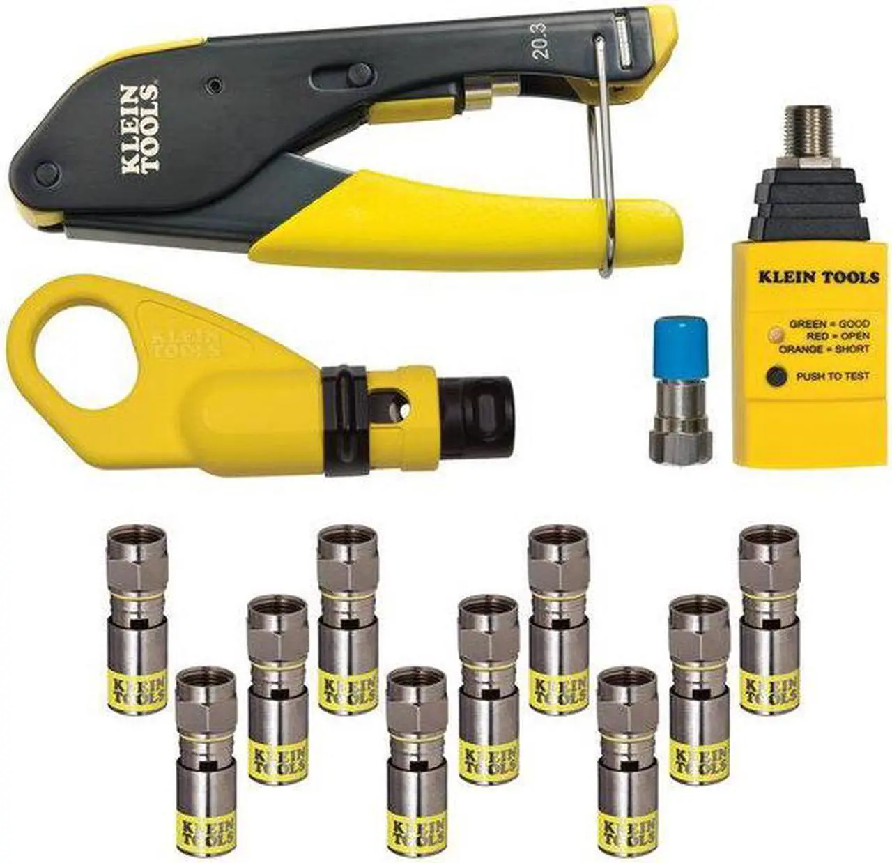 Alt view image 10 of 12 - Klein Tools VDV002-818 Coax Install and Test Kit with Crimp Tool, Includes Tester, Stripper and Universal F Connectors