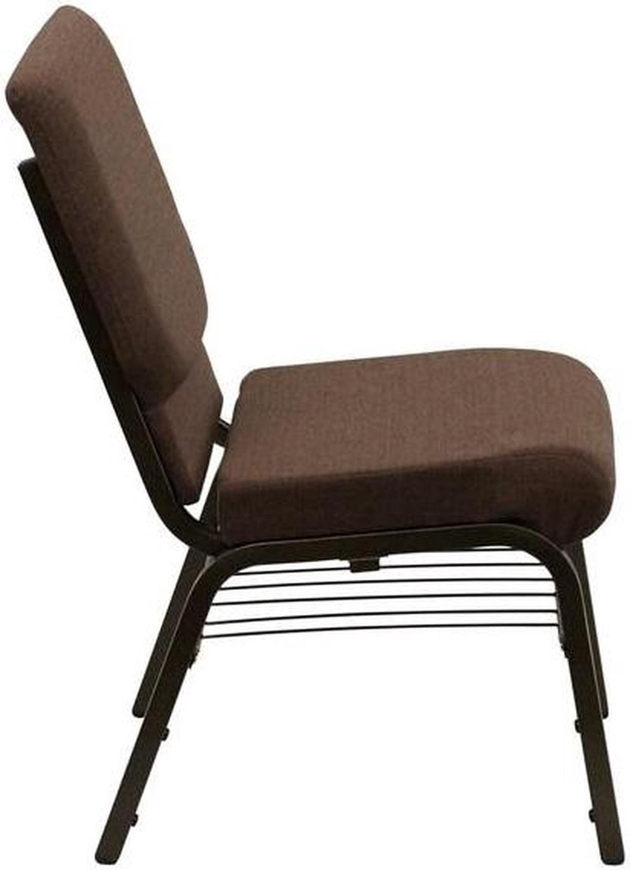 Alt view image 15 of 20 - HERCULES Series 18.5''W Church Chair in Brown Fabric with Book Rack - Gold Vein Frame