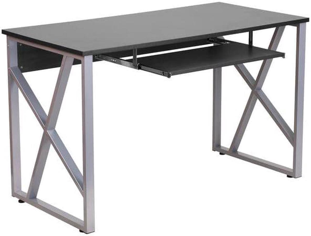 Alt view image 2 of 7 - Black Computer Desk with Pull-Out Keyboard Tray and Cross-Brace Frame