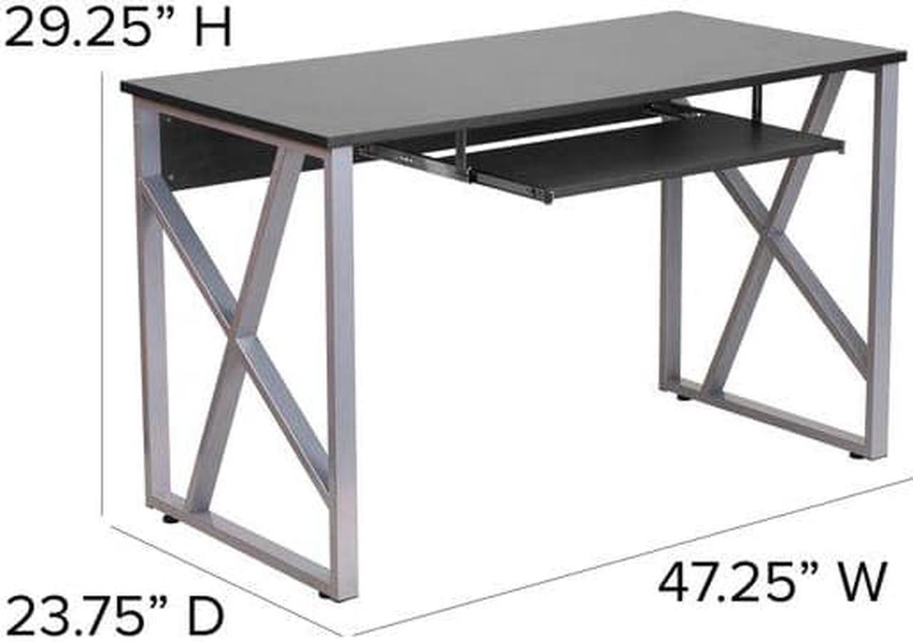 Alt view image 3 of 7 - Black Computer Desk with Pull-Out Keyboard Tray and Cross-Brace Frame