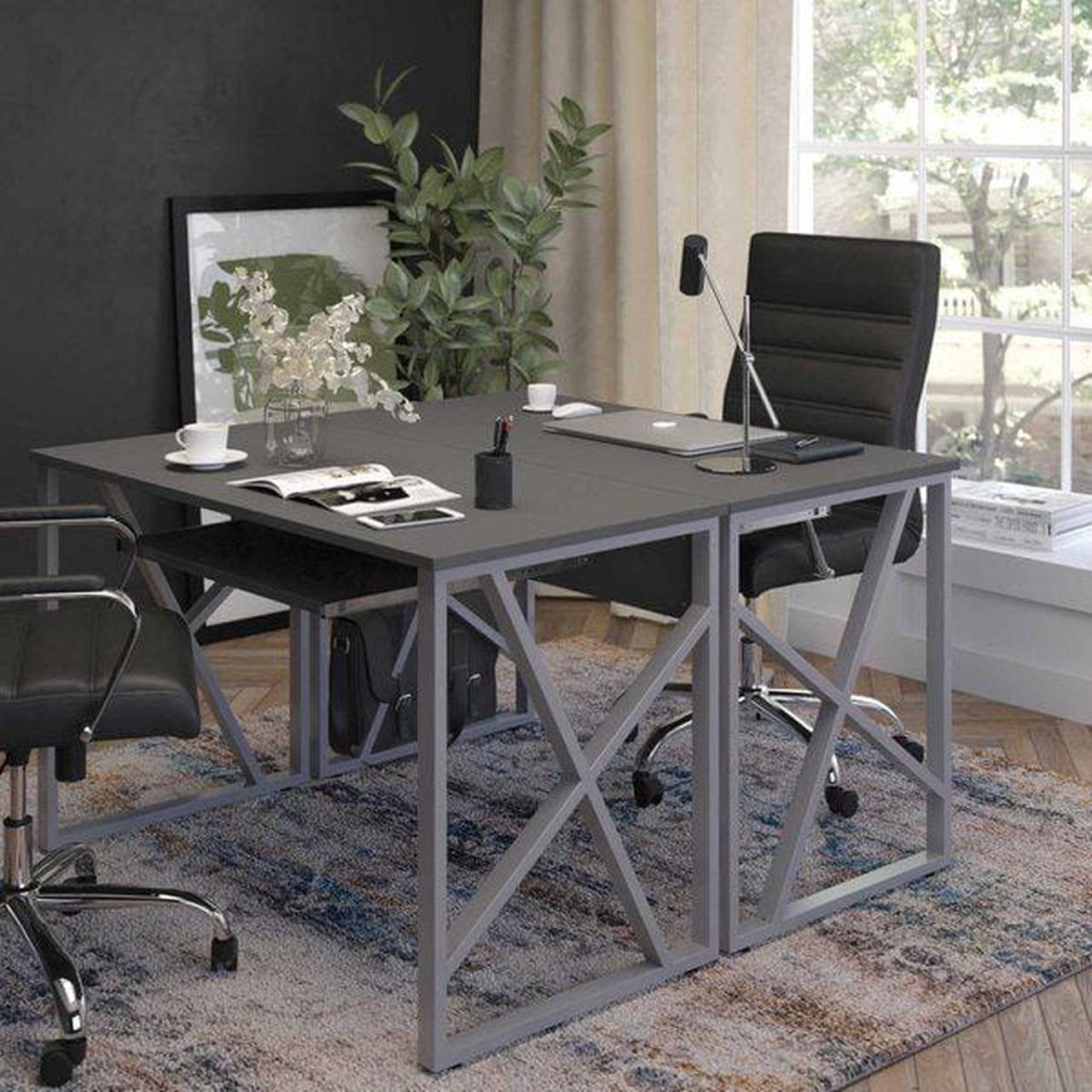 Alt view image 4 of 7 - Black Computer Desk with Pull-Out Keyboard Tray and Cross-Brace Frame