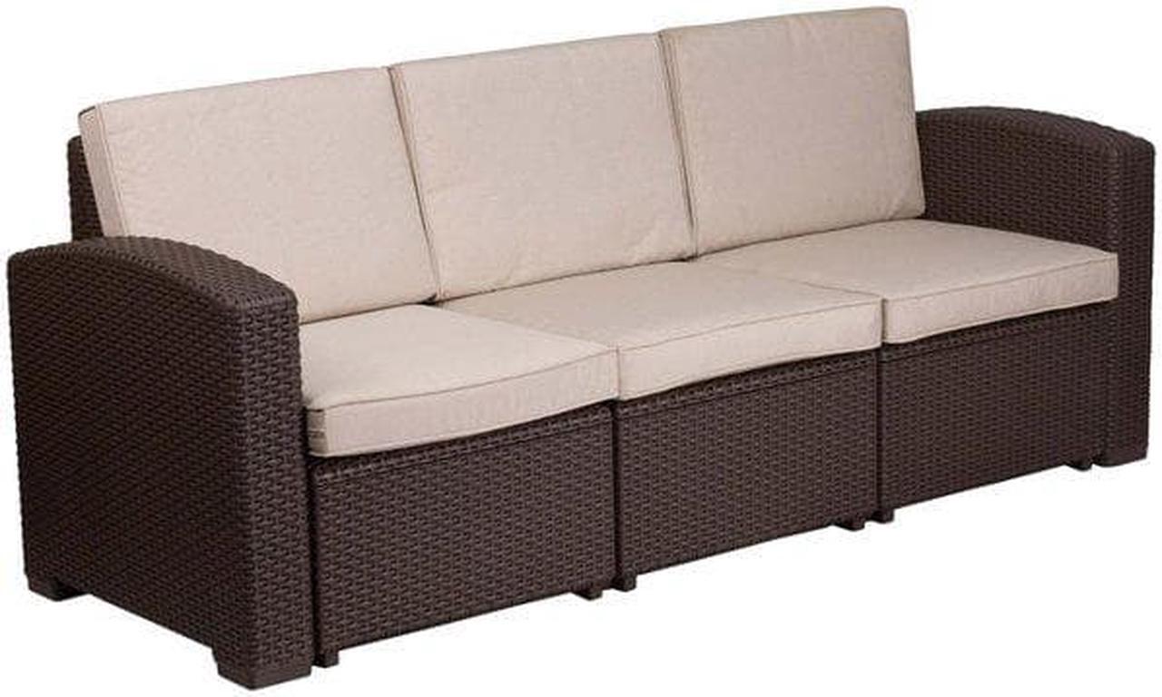 Alt view image 10 of 20 - Chocolate Brown Faux Rattan Sofa with All-Weather Beige Cushions