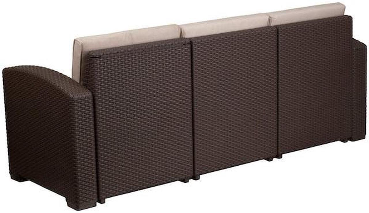 Alt view image 14 of 20 - Chocolate Brown Faux Rattan Sofa with All-Weather Beige Cushions