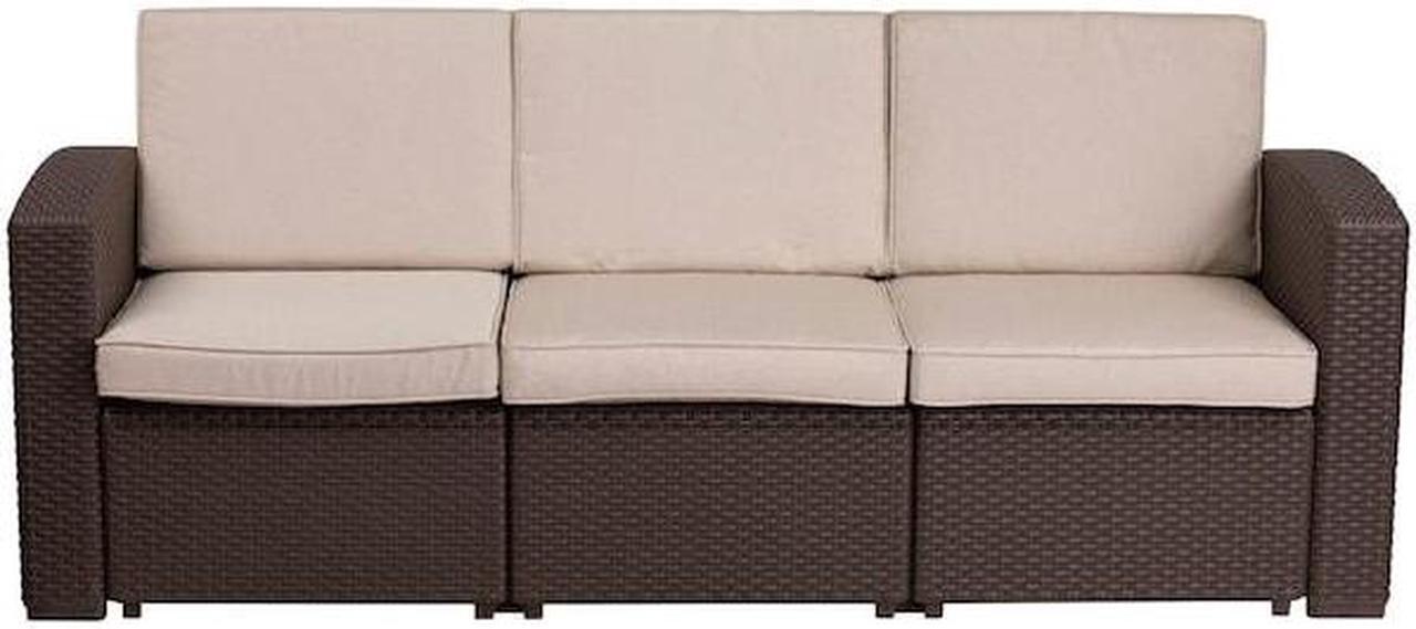 Alt view image 19 of 20 - Chocolate Brown Faux Rattan Sofa with All-Weather Beige Cushions