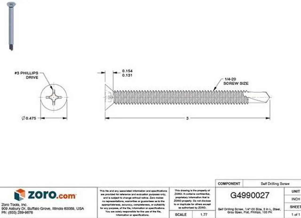 Alt view image 3 of 3 - TEKS 1096000 1/4" x 3" Steel Self Drilling Screws, Flat Head Type 100 PK