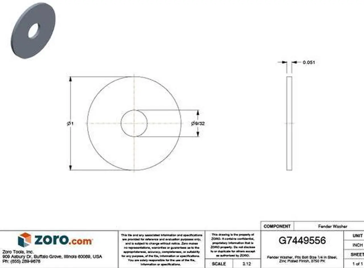 Alt view image 2 of 2 - ZORO SELECT FNWIS02501000-3750BX Fender Washer, For Screw Size 1/4" ,Steel Zinc