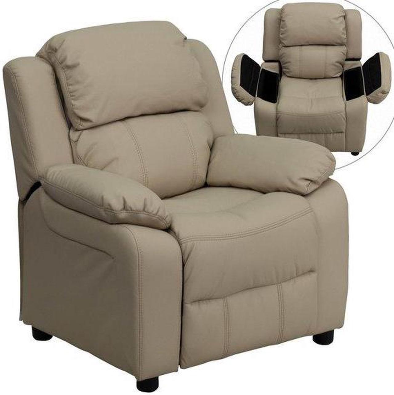 Alt view image 16 of 20 - Deluxe Padded Contemporary Beige Vinyl Kids Recliner with Storage Arms