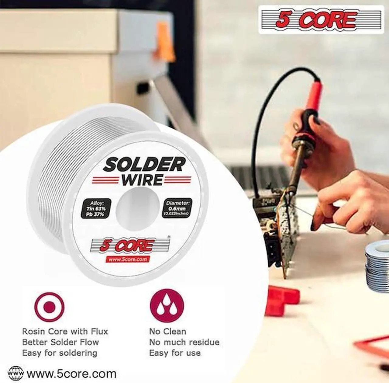 Alt view image 8 of 14 - 5 Core Solder Wire Rosin Core Flux Soldering Wire 63/37 63% Tin (Sn)37% Lead (Pb) 1 pc 50 gms