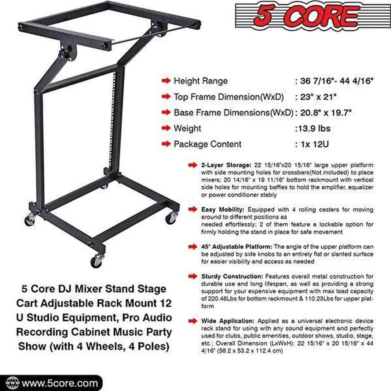 Alt view image 12 of 14 - 5 Core DJ Mixer Stand 12U Adjustable Rack Mount Rolling Stage Cart Pro Audio Studio Equipment for Homes Offices Stage Music Studios w Wheels - RACK STAND 12U