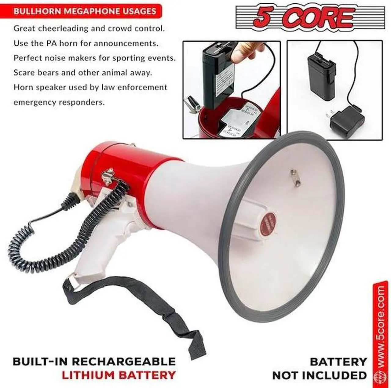 Alt view image 9 of 15 - 5 Core Megaphone Bullhorn Speaker 50W Bull Horn Cheer Megafono 1200 Yards