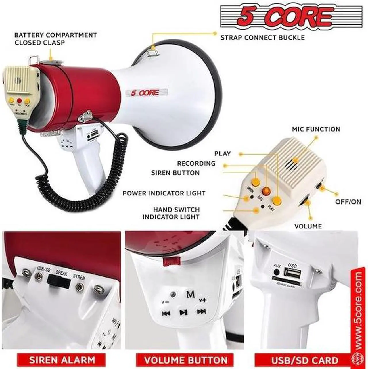 Alt view image 10 of 15 - 5 Core Megaphone Bullhorn Speaker 50W Bull Horn Cheer Megafono 1200 Yards