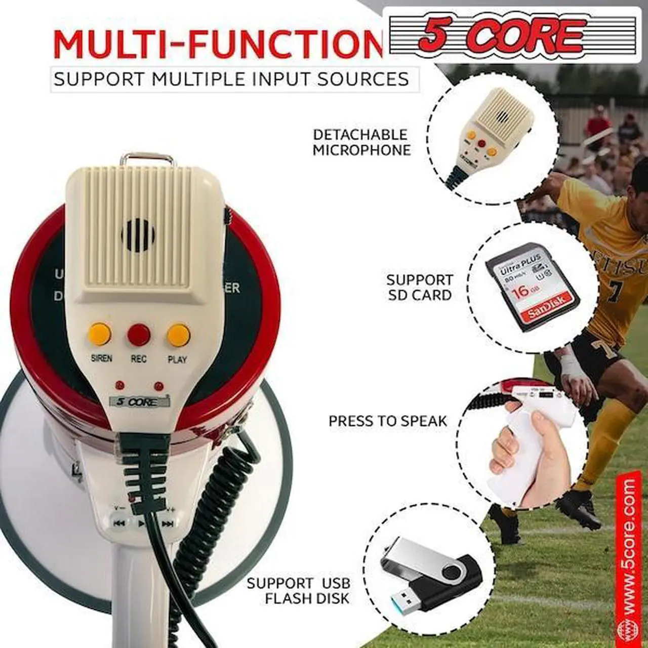 Alt view image 11 of 15 - 5 Core Megaphone Bullhorn Speaker 50W Bull Horn Cheer Megafono 1200 Yards